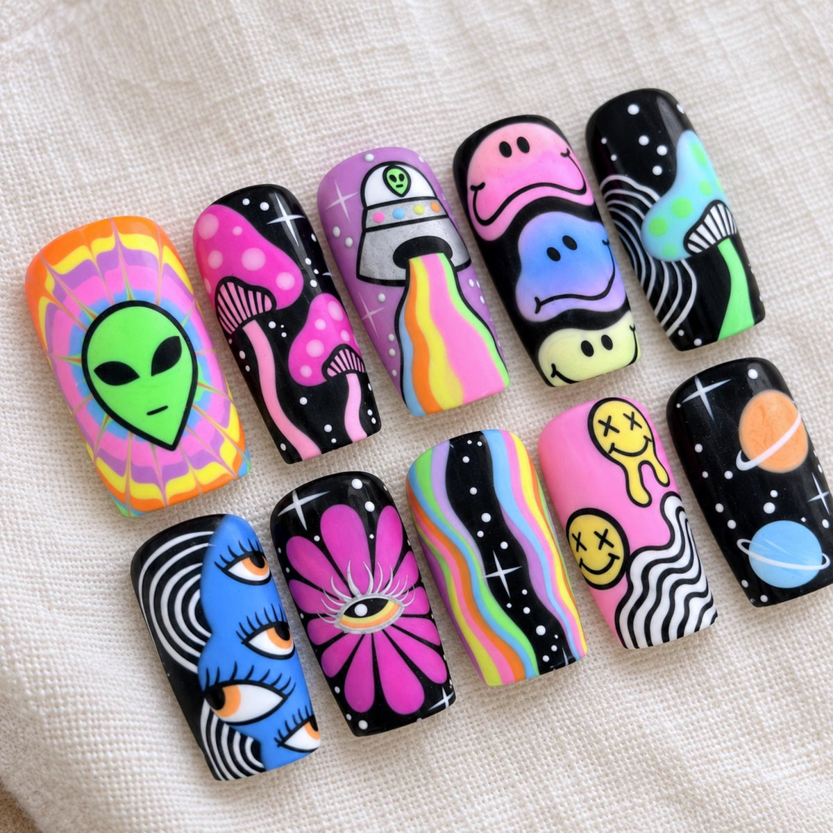 Psychedelic Press On Nails, Trippy Alien Mushroom Rainbow Nail Art