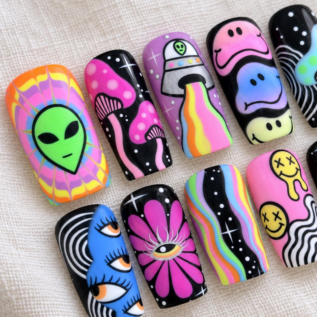 Psychedelic Press On Nails, Trippy Alien Mushroom Rainbow Nail Art