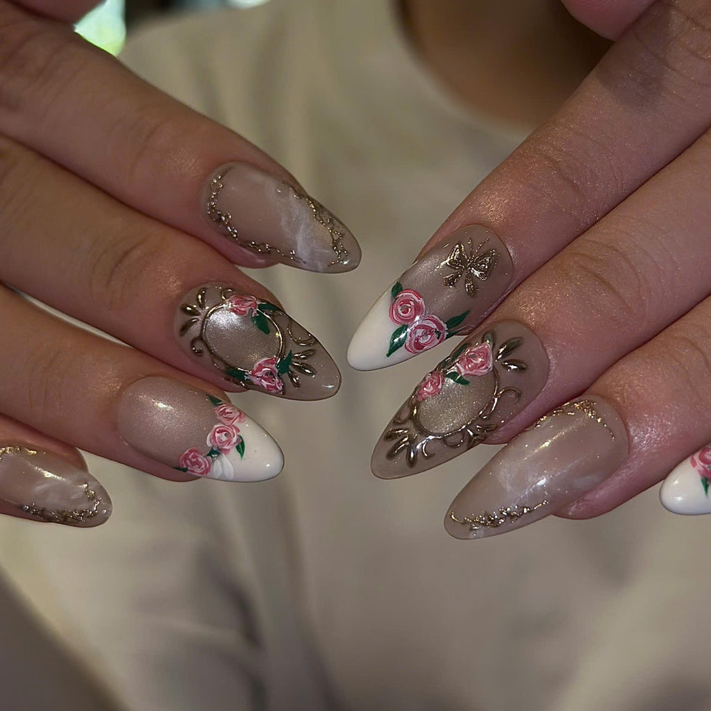 Rose Press On Nails with 3D Floral Art | Vintage Gold Frame & Butterfly | Romantic Handmade Nails | JB539UC