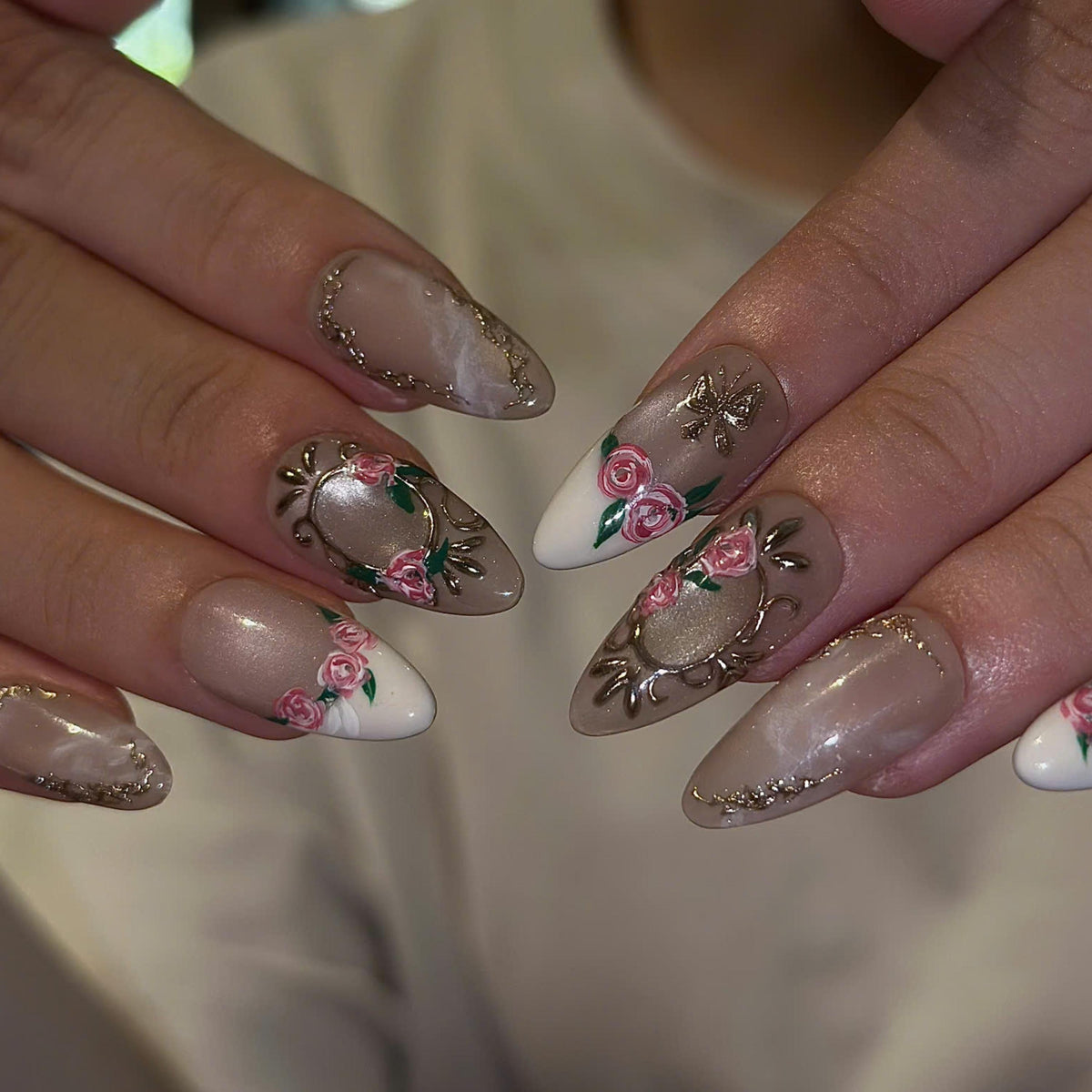 Rose Press On Nails with 3D Floral Art | Vintage Gold Frame & Butterfly | Romantic Handmade Nails | JB539UC