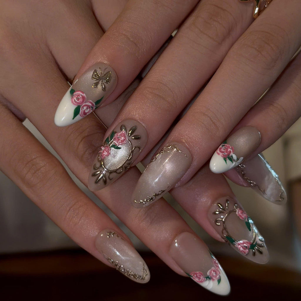 Rose Press On Nails with 3D Floral Art | Vintage Gold Frame & Butterfly | Romantic Handmade Nails | JB539UC