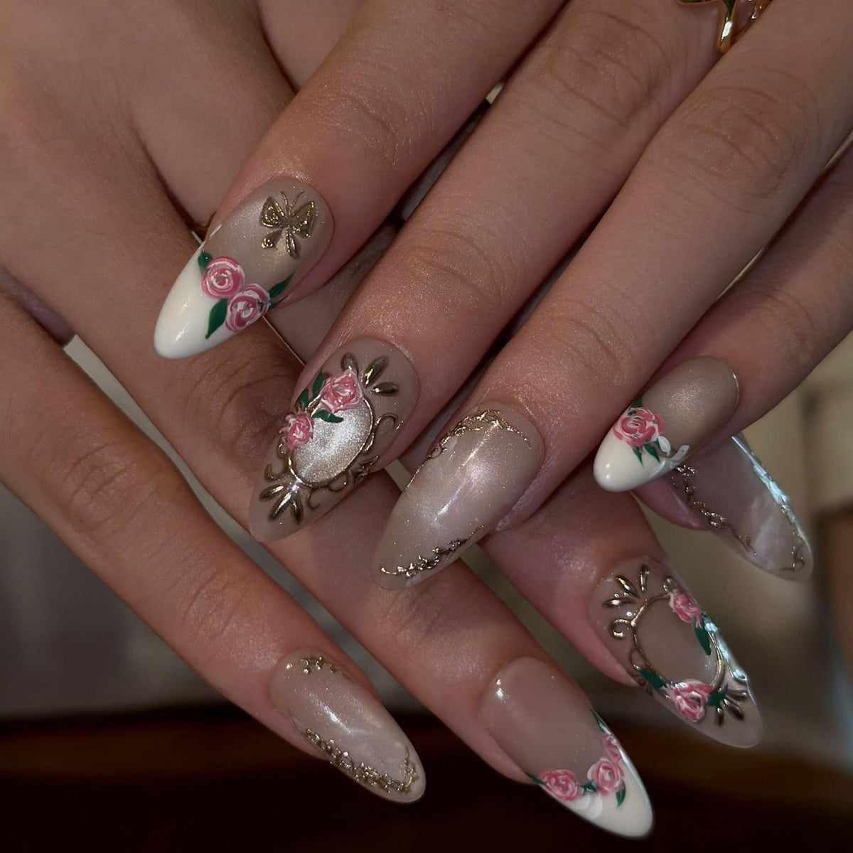 Rose Press On Nails with 3D Floral Art | Vintage Gold Frame & Butterfly | Romantic Handmade Nails | JB539UC