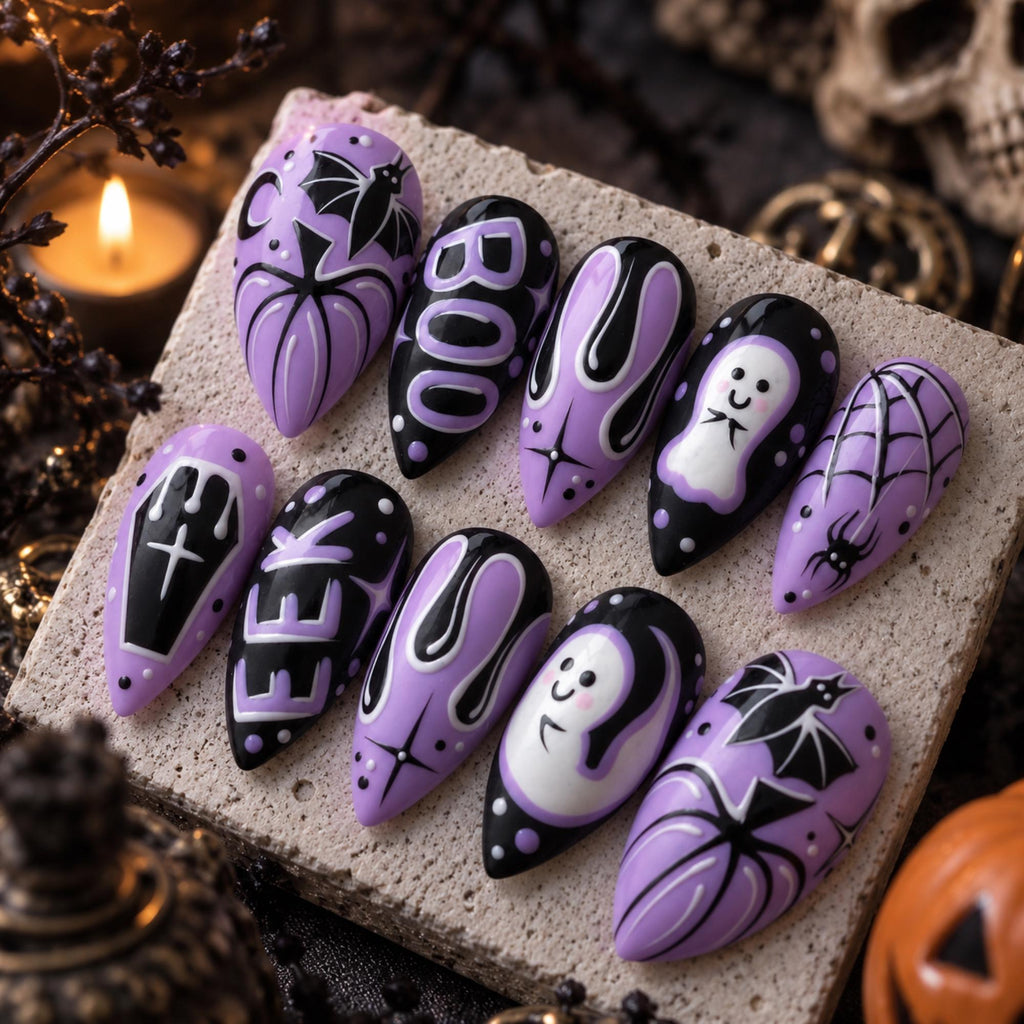 Purple Halloween Press On Nails, Ghost Bat Spider Web Spooky Nails
