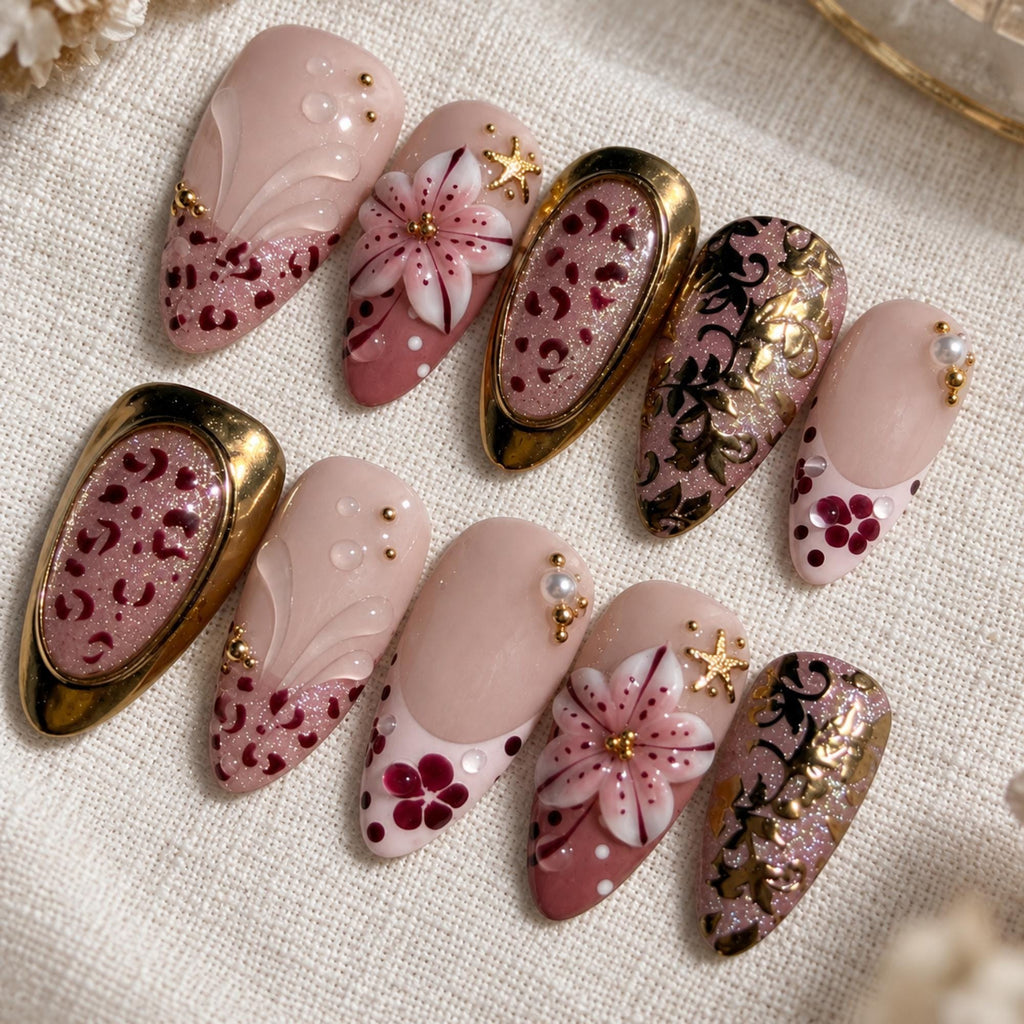 Burgundy Floral Press On Nails, 3D Flower Leopard Nails, Luxury Gold Nail Art
