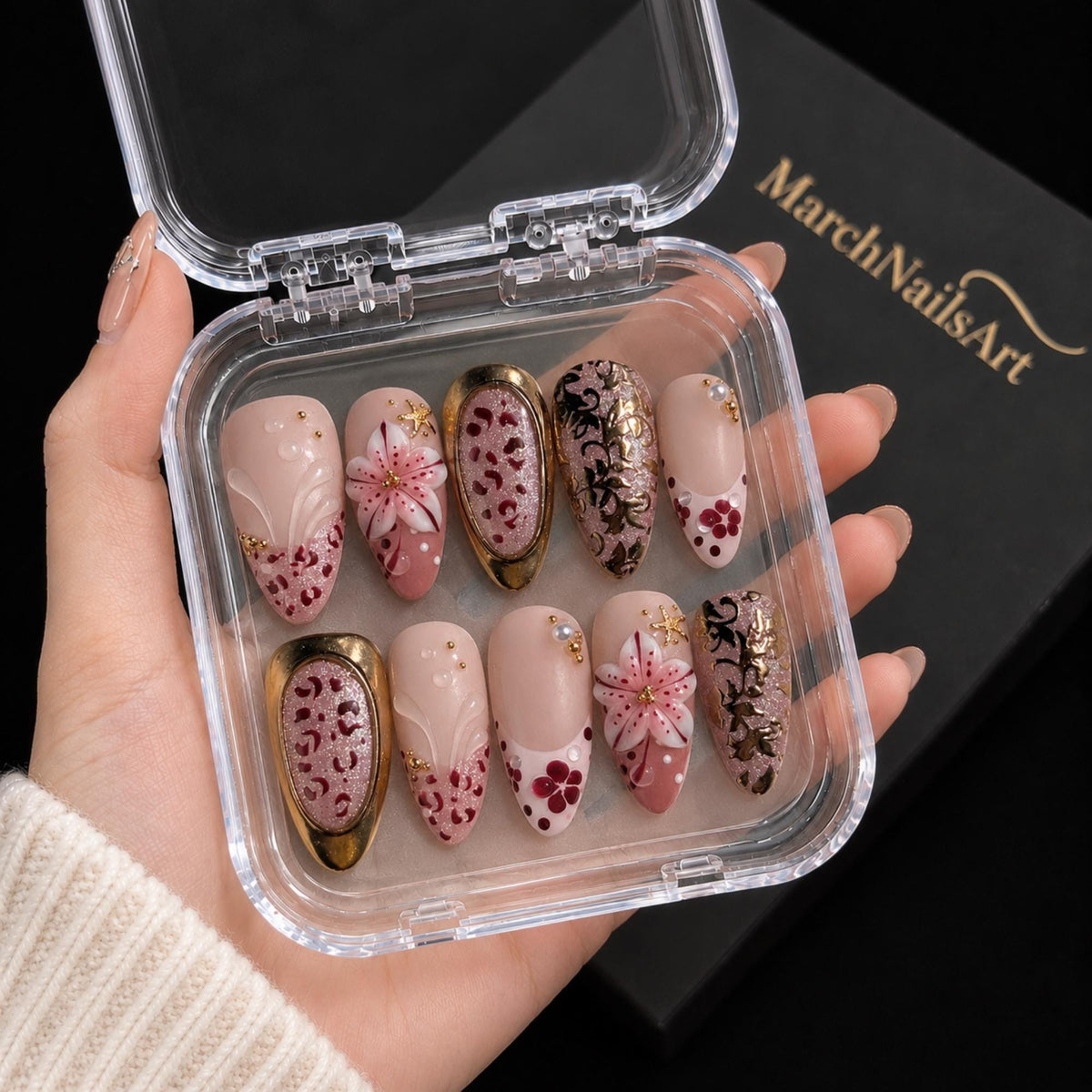 Burgundy Floral Press On Nails, 3D Flower Leopard Nails, Luxury Gold Nail Art