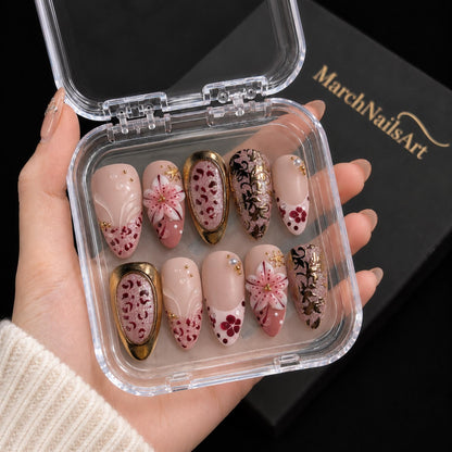 Burgundy Floral Press On Nails, 3D Flower Leopard Nails, Luxury Gold Nail Art