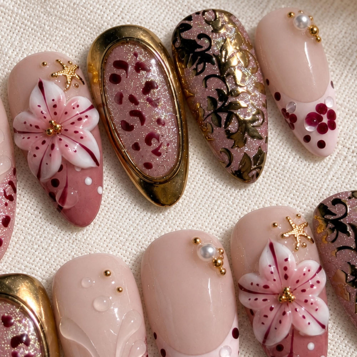 Burgundy Floral Press On Nails, 3D Flower Leopard Nails, Luxury Gold Nail Art