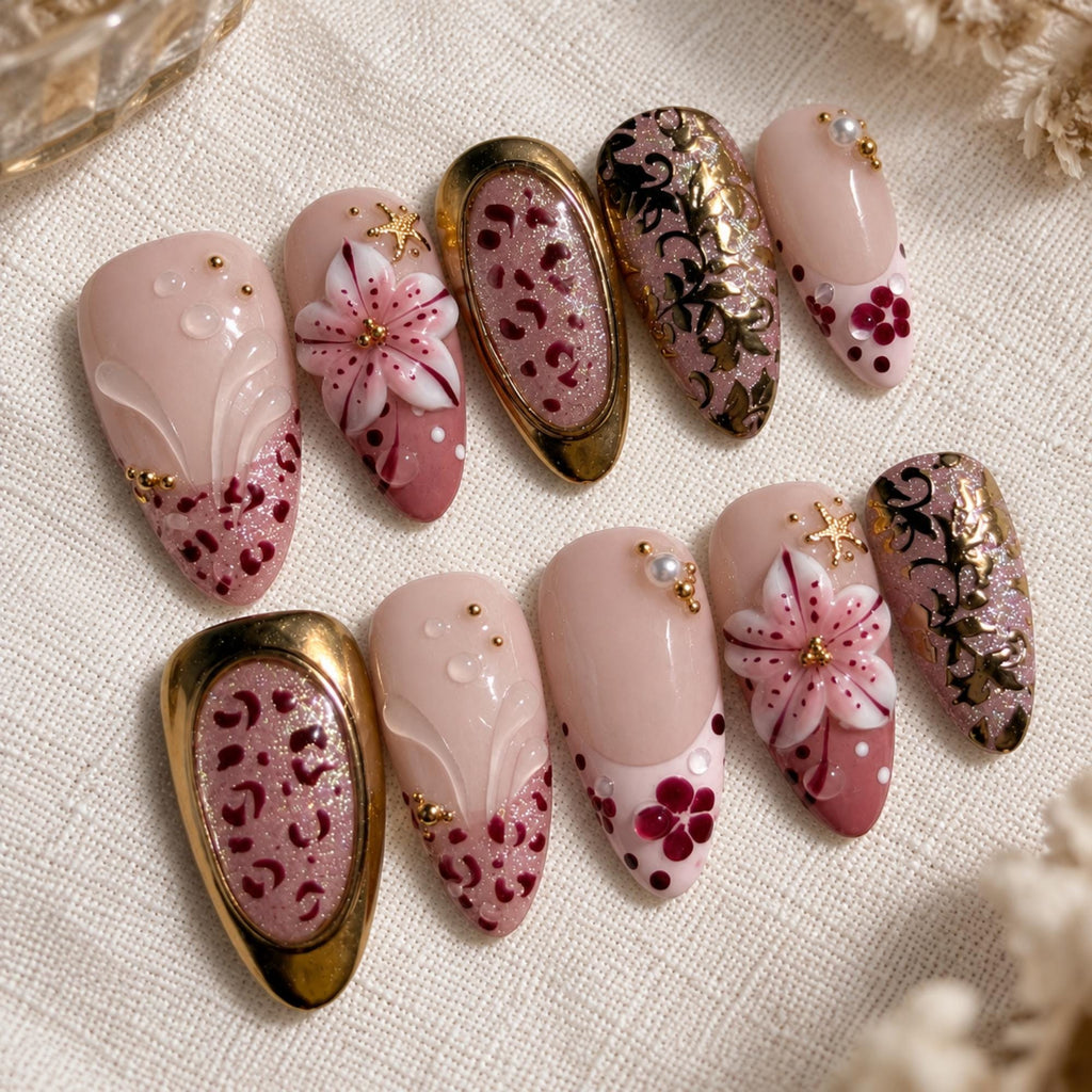 Burgundy Floral Press On Nails, 3D Flower Leopard Nails, Luxury Gold Nail Art