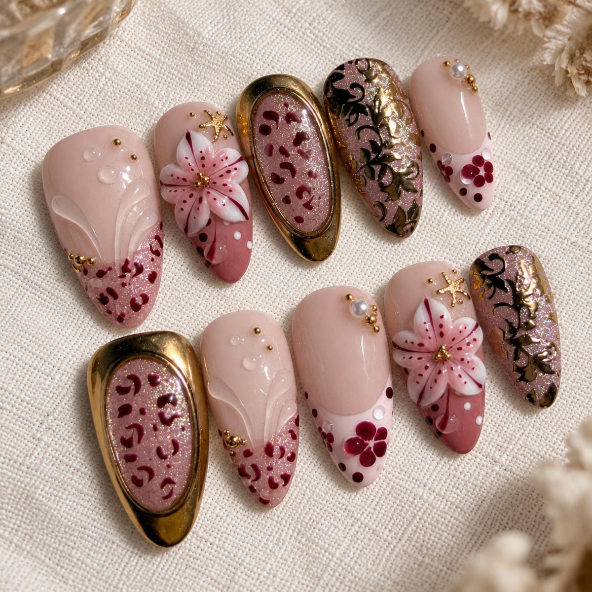 Burgundy Floral Press On Nails, 3D Flower Leopard Nails, Luxury Gold Nail Art