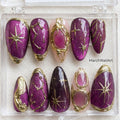 Purple Cat Eye Press On Nails, Gold Celestial Star Constellation Nails