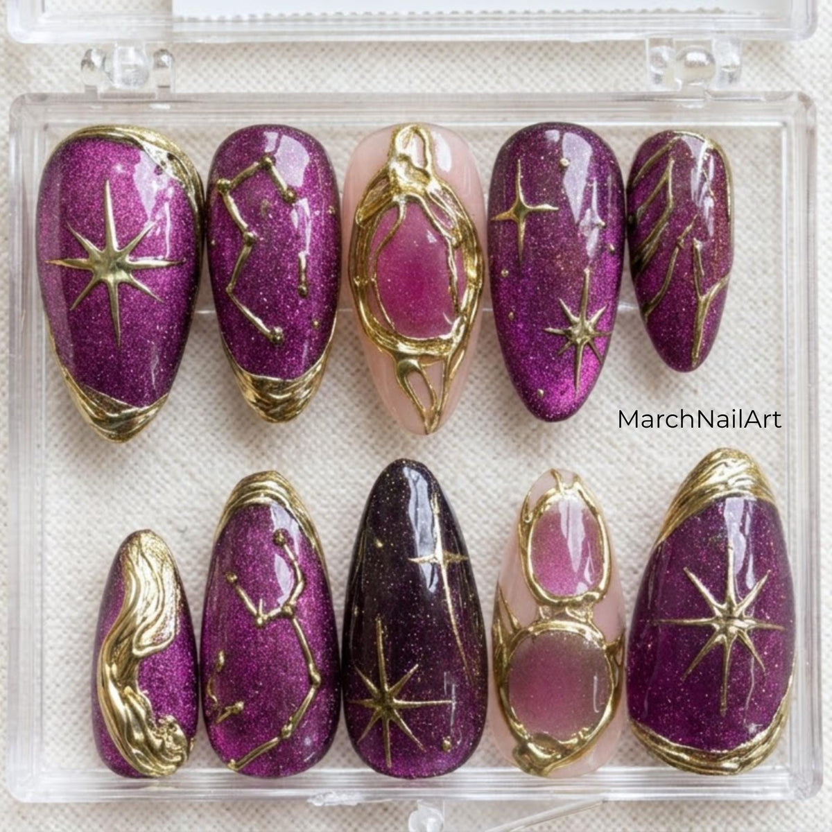 Purple Cat Eye Press On Nails, Gold Celestial Star Constellation Nails