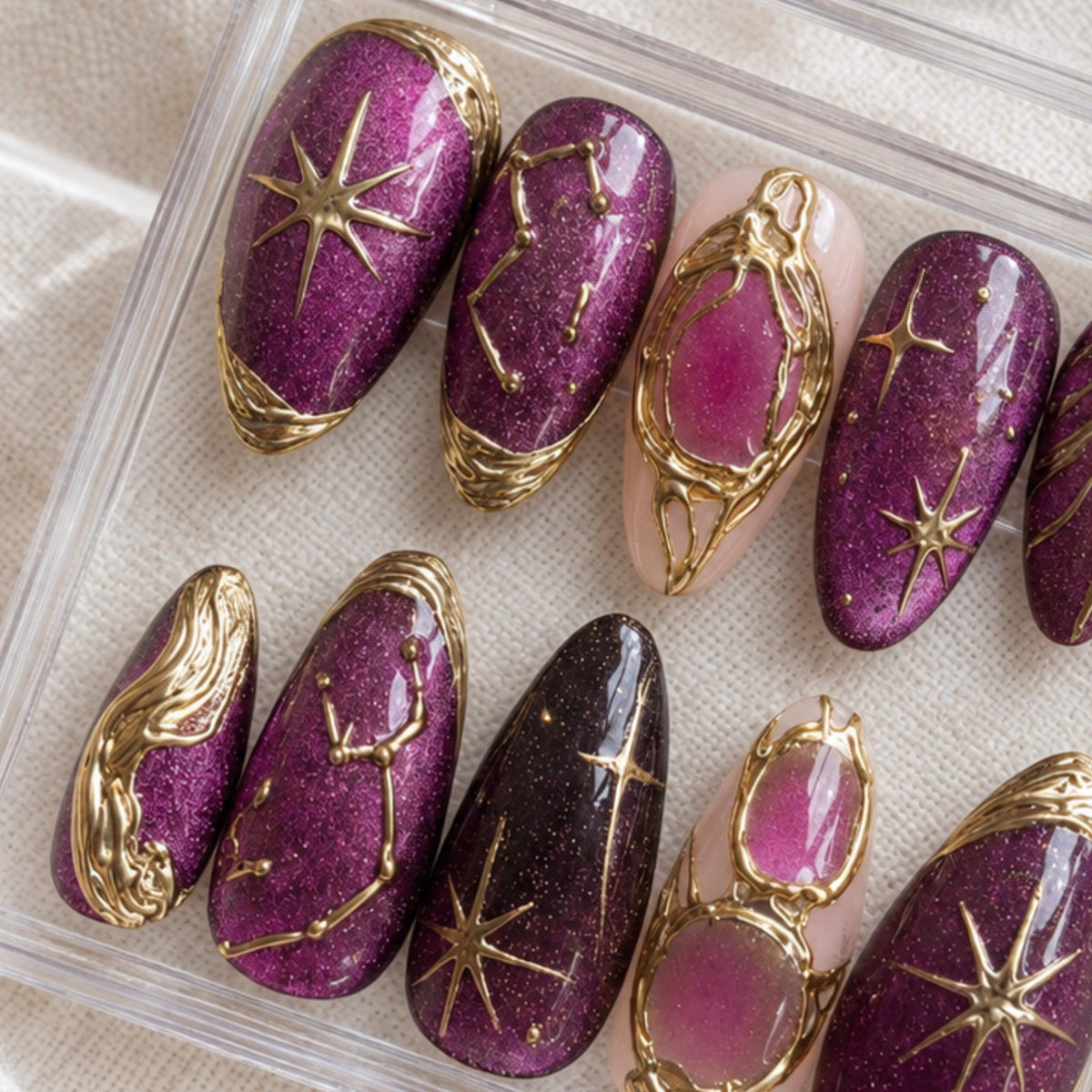 Purple Cat Eye Press On Nails, Gold Celestial Star Constellation Nails