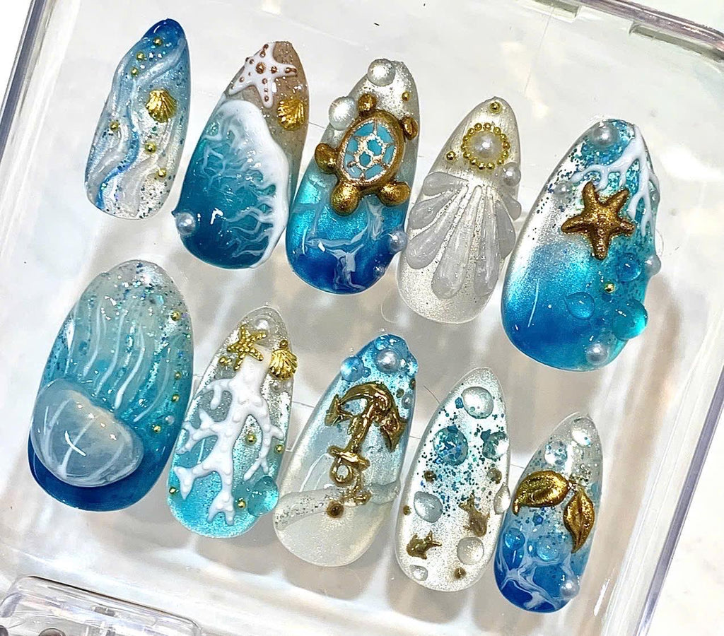 3D Ocean Press-On Nails, Blue Sea Turtle, Starfish, Coral, Mermaid (Reusable Set)
