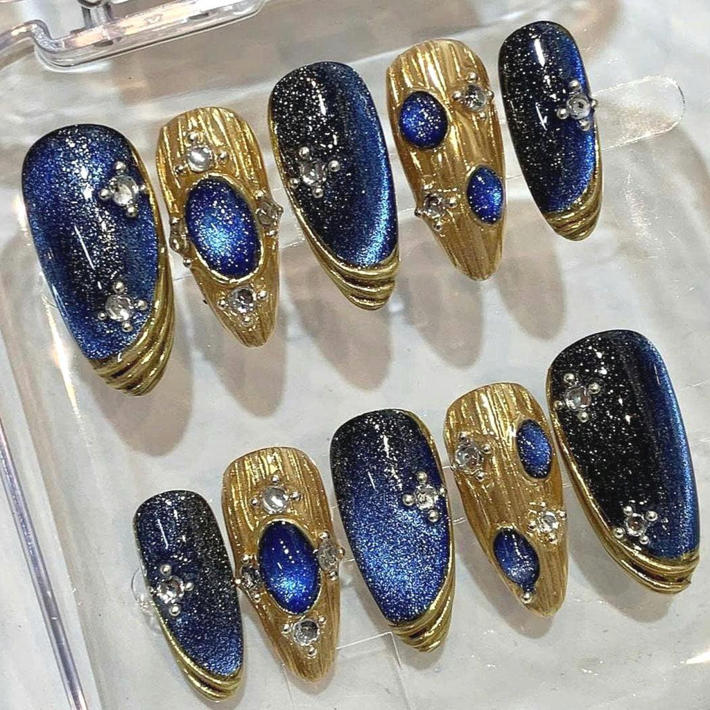 Blue Galaxy Press On Nails: Handmade Glitter, Gold Foil, Rhinestones