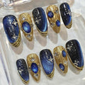 Blue Galaxy Press On Nails: Handmade Glitter, Gold Foil, Rhinestones