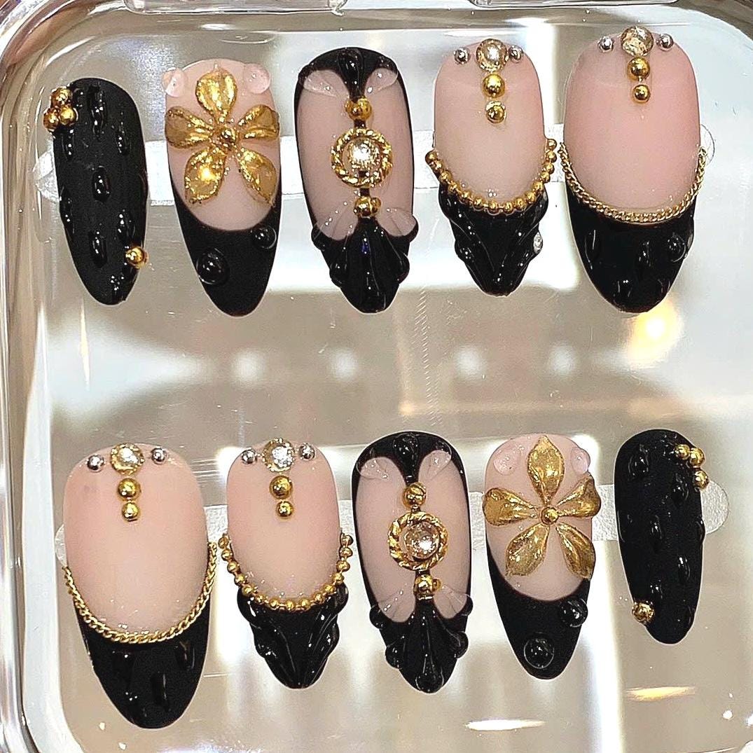 Black Gold Luxury Press On Nails | Nude French Tip Nails