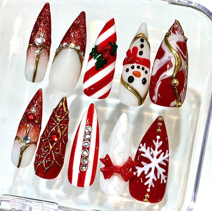 Red Christmas Press-On Nails, Snowflake, Candy Cane, Glitter Bow Set