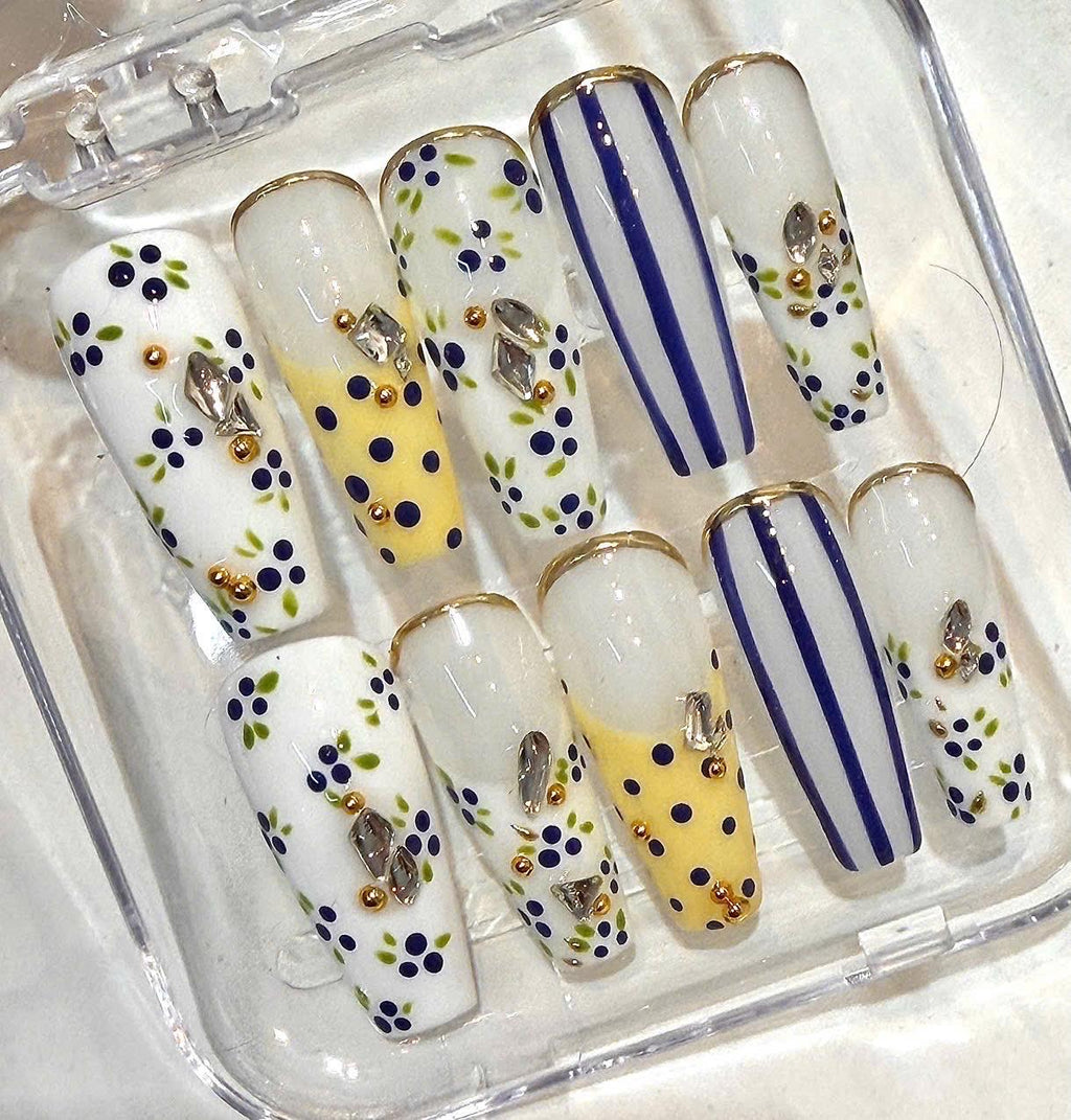 Floral Press-On Nails, Blue Floral, Navy Striped, Rhinestone Gold (Reusable Set)