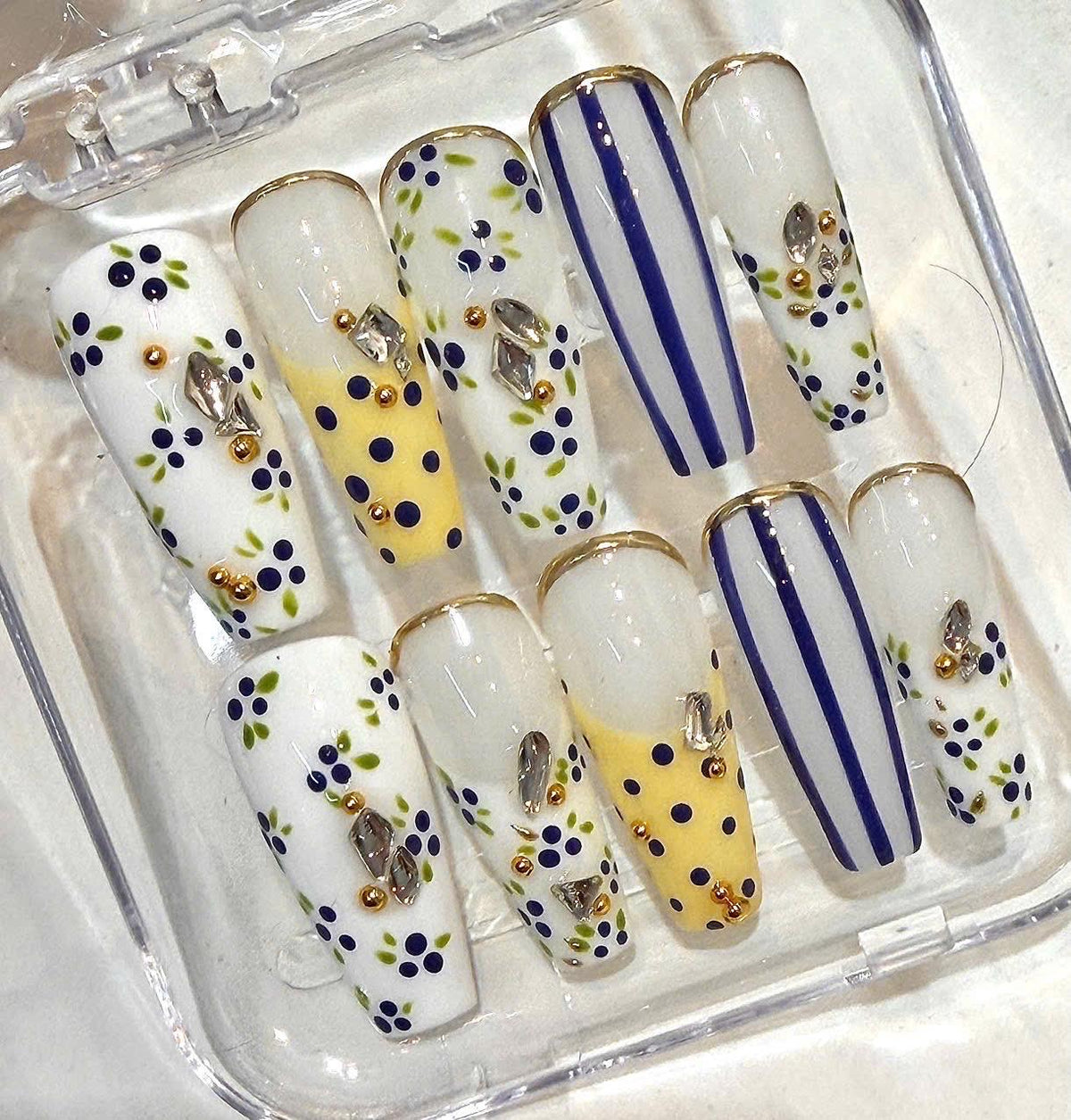 Floral Press-On Nails, Blue Floral, Navy Striped, Rhinestone Gold (Reusable Set)