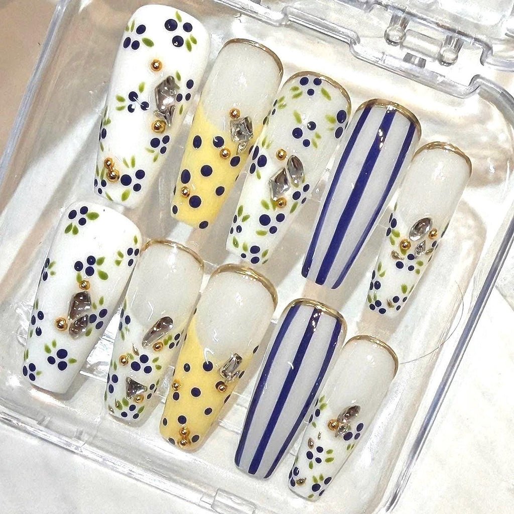 Floral Press-On Nails, Blue Floral, Navy Striped, Rhinestone Gold (Reusable Set)