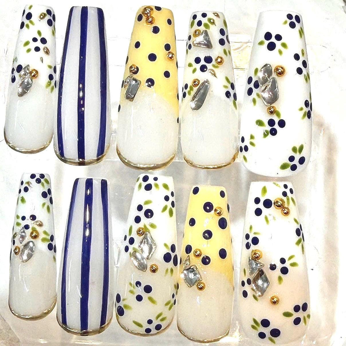 Floral Press-On Nails, Blue Floral, Navy Striped, Rhinestone Gold (Reusable Set)