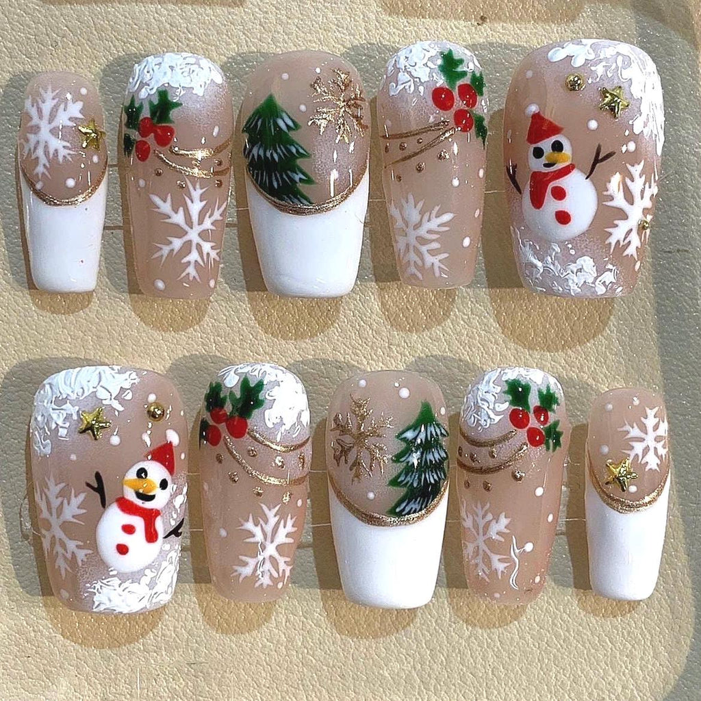 3D Snowman Christmas Press On Nails: Handmade Holiday Nail Set