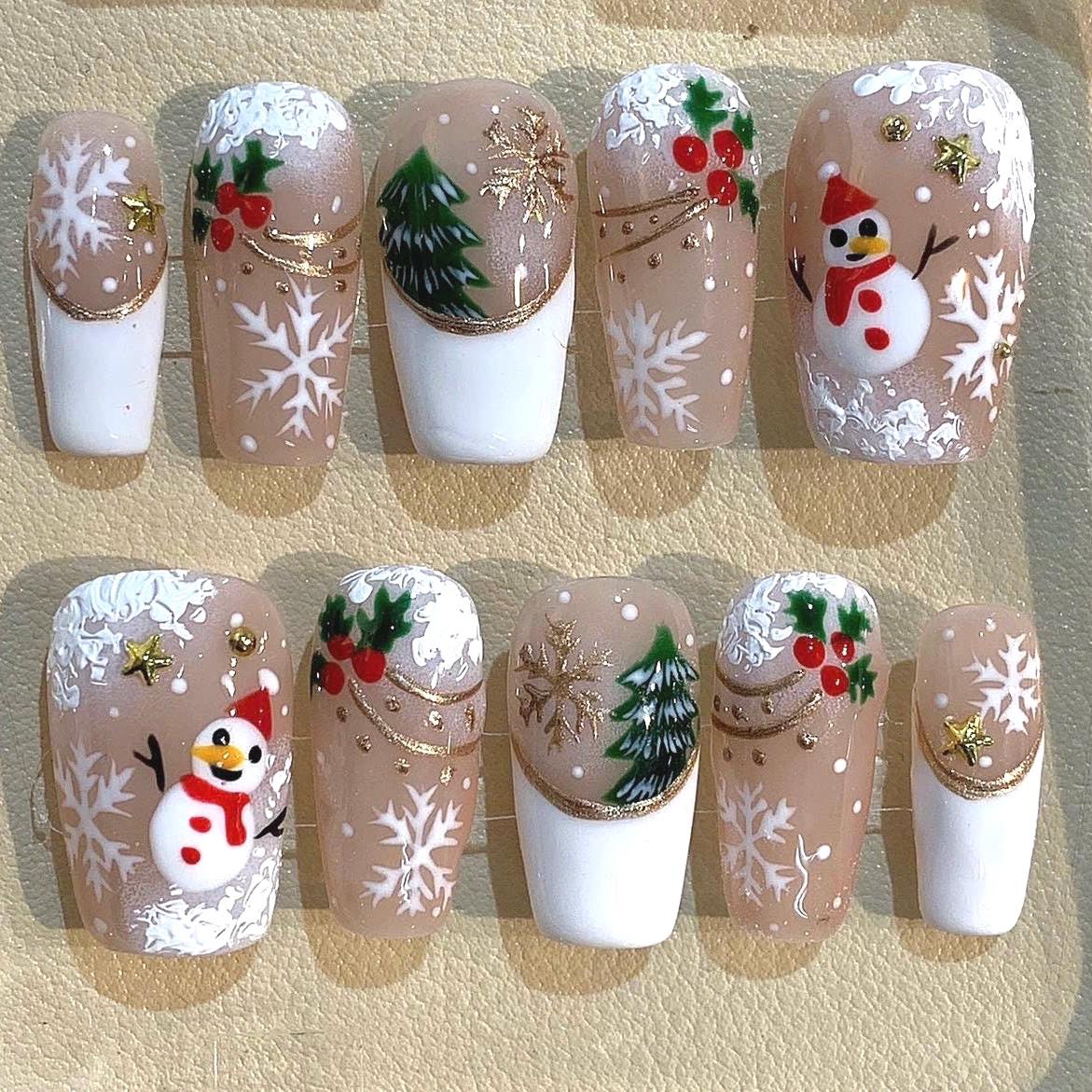 3D Snowman Christmas Press On Nails: Handmade Holiday Nail Set