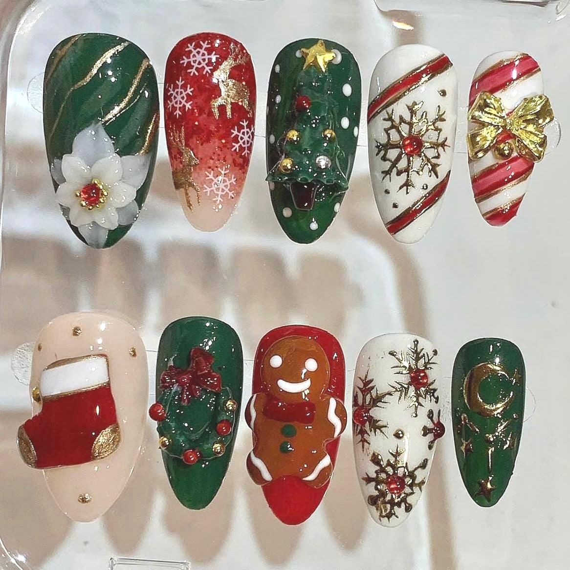 3D Christmas Press On Nails – Gingerbread, Tree, Candy Cane