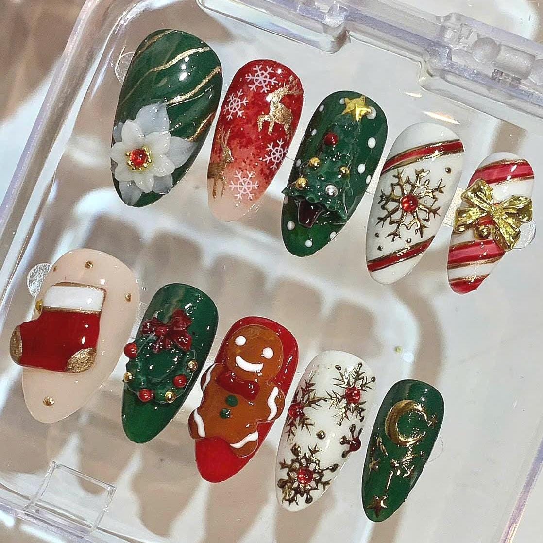 3D Christmas Press On Nails – Gingerbread, Tree, Candy Cane