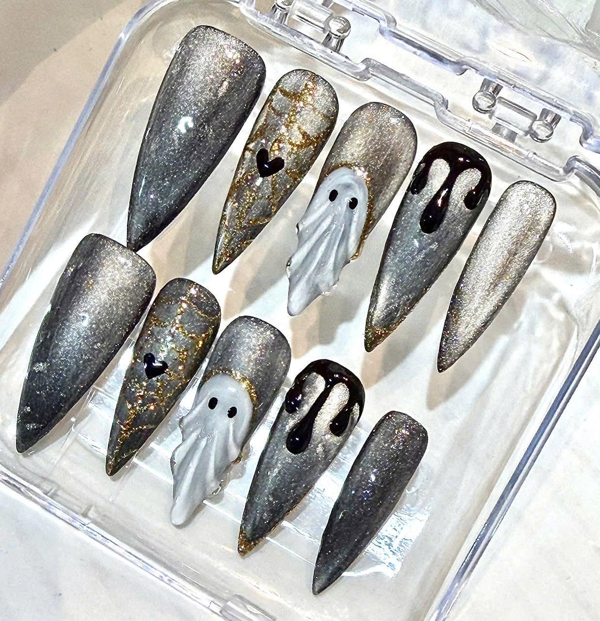 Silver Ghost Press-On Nails, Gothic Stiletto Halloween Set, Handmade Nail Set