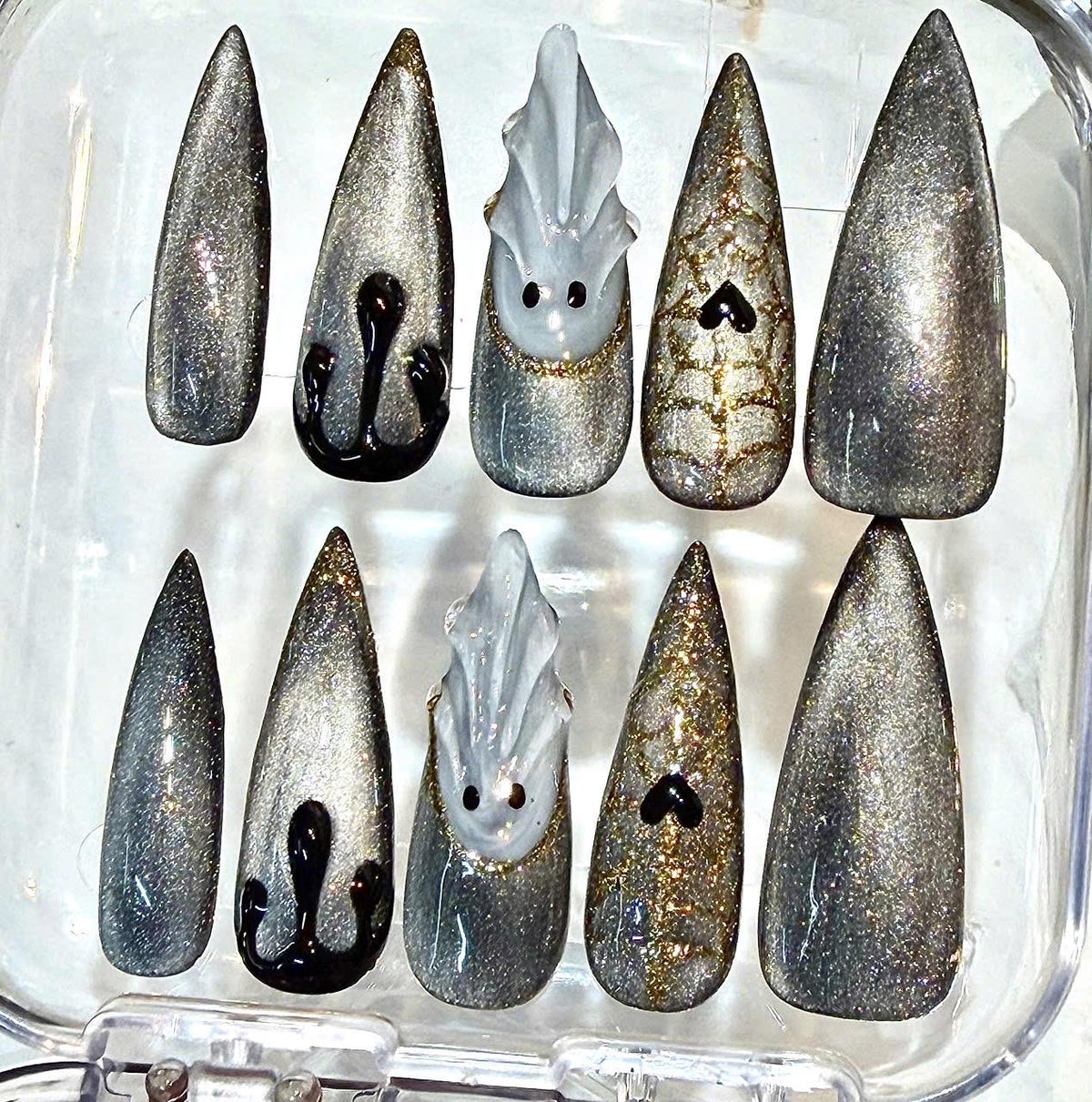 Silver Ghost Press-On Nails, Gothic Stiletto Halloween Set, Handmade Nail Set