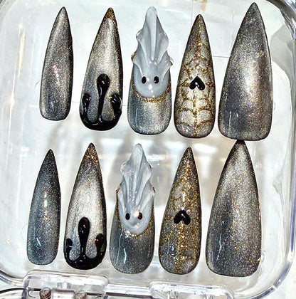 Silver Ghost Press-On Nails, Gothic Stiletto Halloween Set, Handmade Nail Set