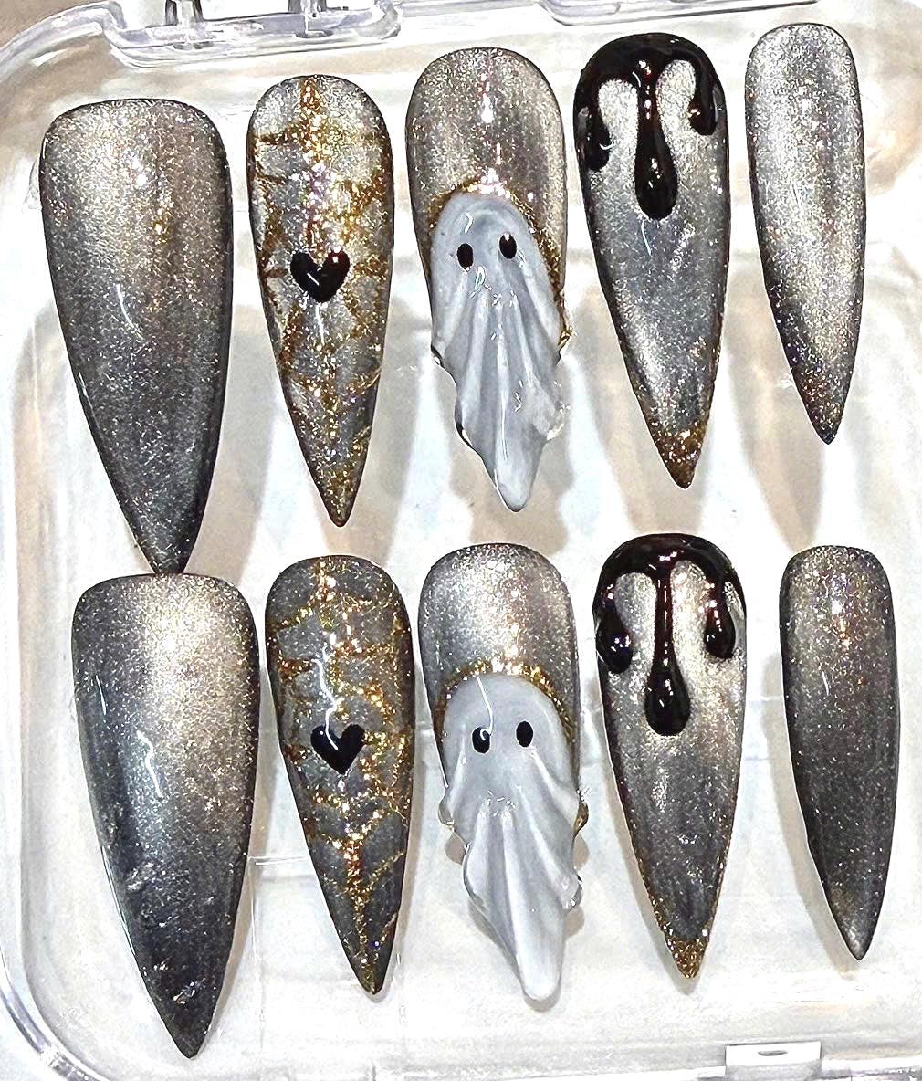 Silver Ghost Press-On Nails, Gothic Stiletto Halloween Set, Handmade Nail Set