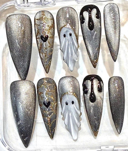 Silver Ghost Press-On Nails, Gothic Stiletto Halloween Set, Handmade Nail Set
