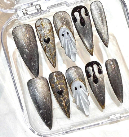 Silver Ghost Press-On Nails, Gothic Stiletto Halloween Set, Handmade Nail Set