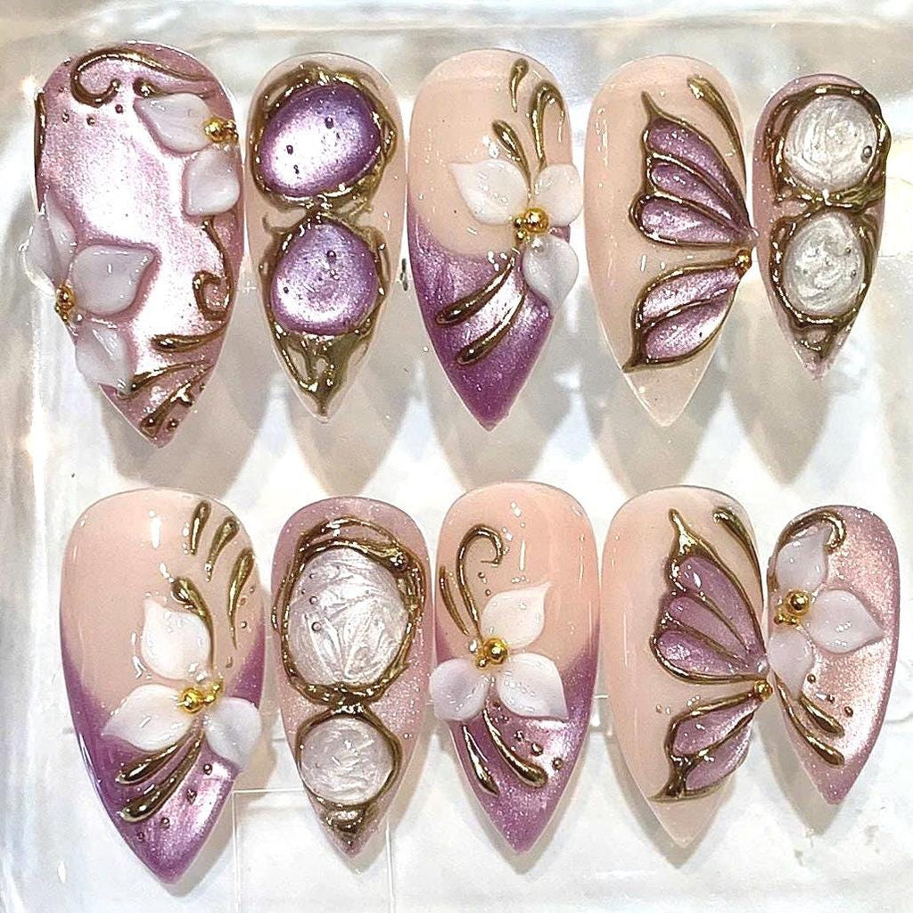 Lavender Floral Press-On Nails, 3D Butterfly, Pearl Shimmer, Gold Accents