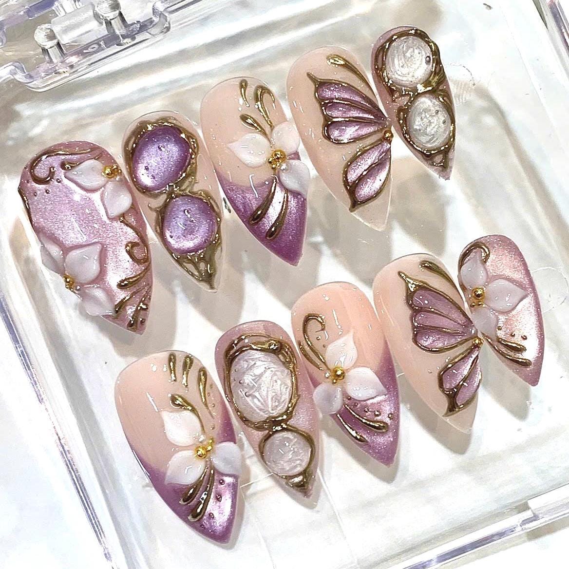Lavender Floral Press-On Nails, 3D Butterfly, Pearl Shimmer, Gold Accents