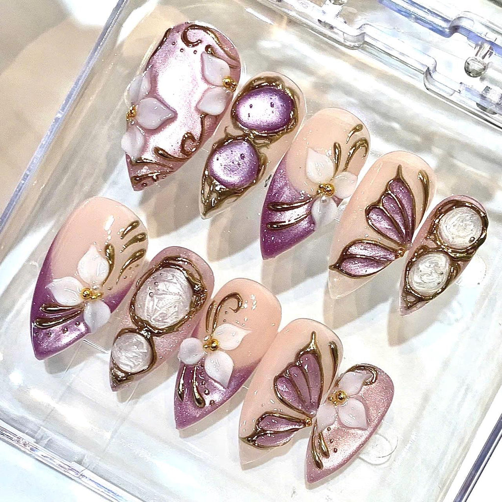 Lavender Floral Press-On Nails, 3D Butterfly, Pearl Shimmer, Gold Accents