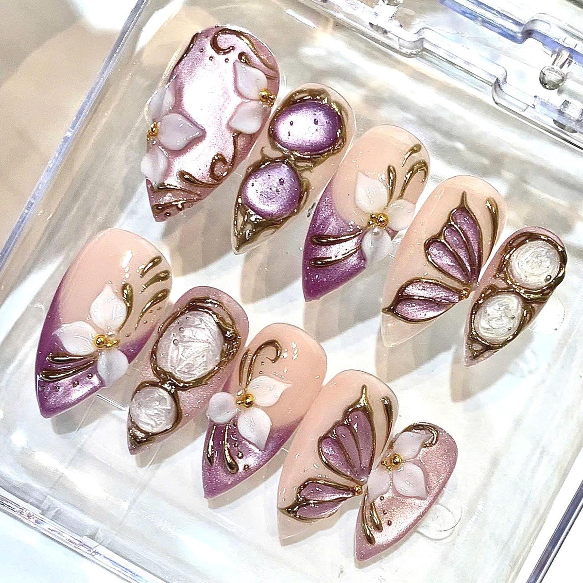 Lavender Floral Press-On Nails, 3D Butterfly, Pearl Shimmer, Gold Accents