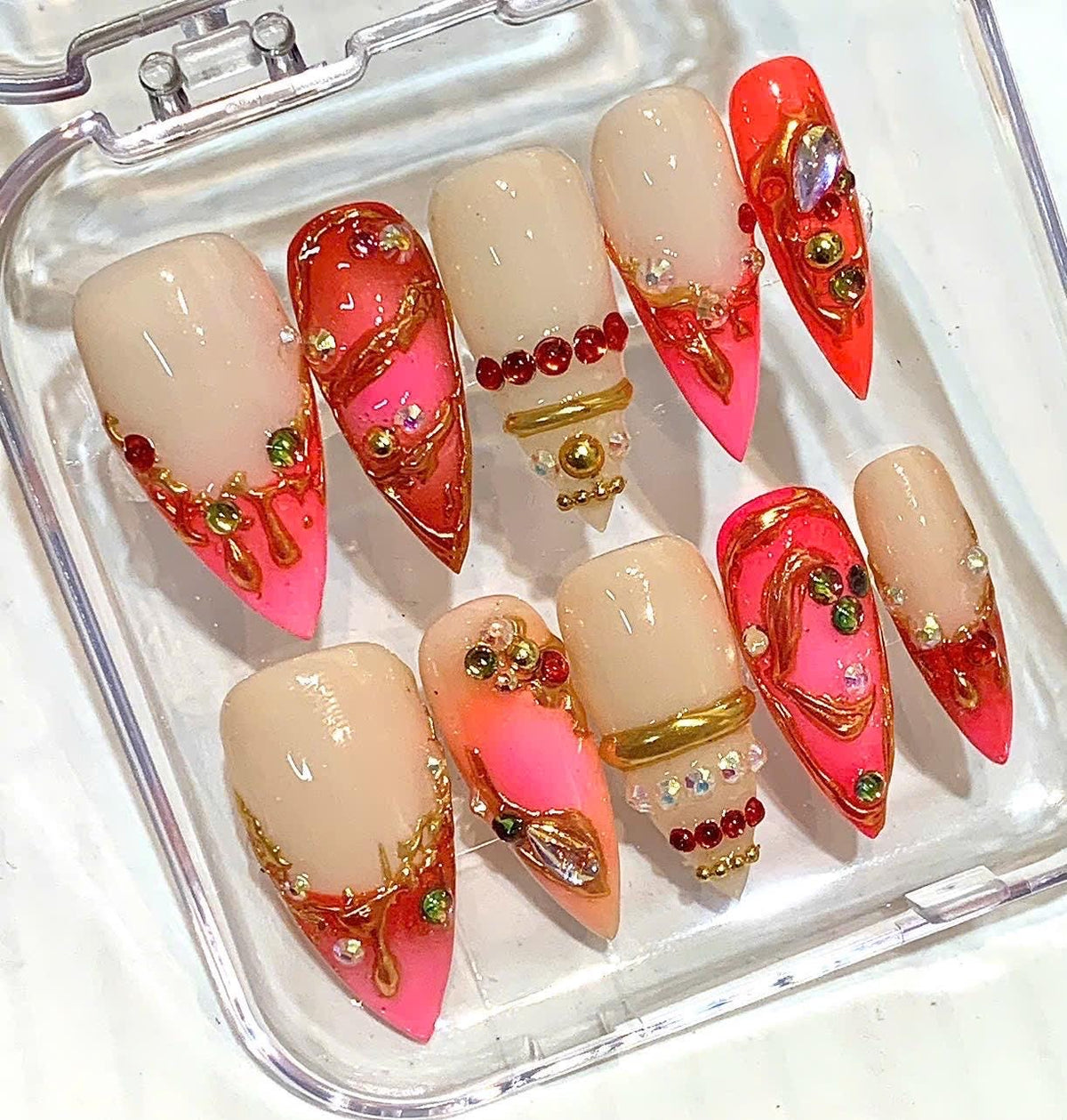 Hot Pink Press-On Nails, Gold Chrome Rhinestone Art, Y2K Luxury Set
