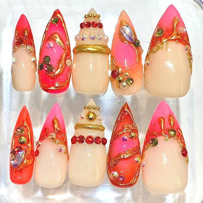 Hot Pink Press-On Nails, Gold Chrome Rhinestone Art, Y2K Luxury Set
