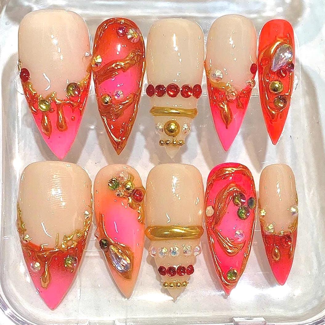 Hot Pink Press-On Nails, Gold Chrome Rhinestone Art, Y2K Luxury Set