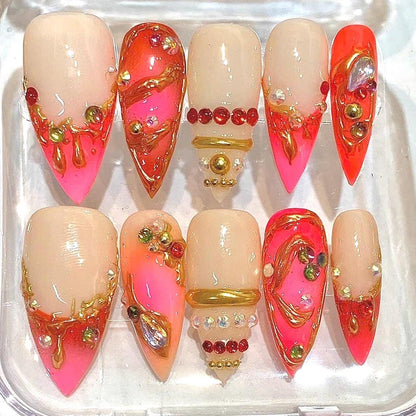 Hot Pink Press-On Nails, Gold Chrome Rhinestone Art, Y2K Luxury Set