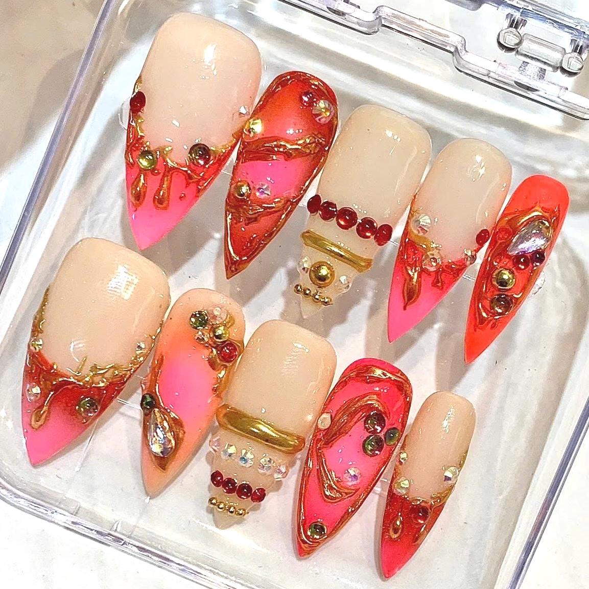 Hot Pink Press-On Nails, Gold Chrome Rhinestone Art, Y2K Luxury Set