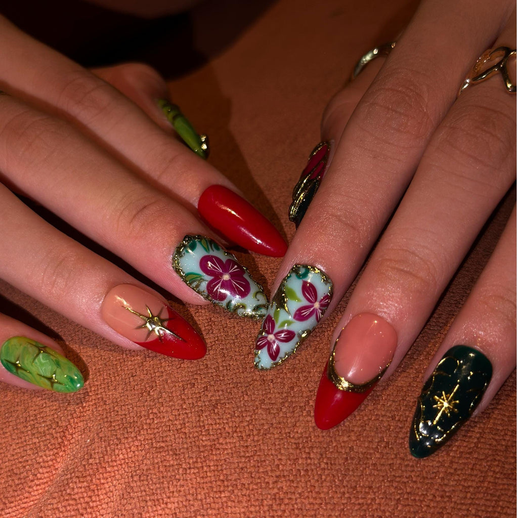 Luxury Fall Press On Nails with Gold Floral Art , Elegant Autumn Nails , Jewel Tone Handmade Nail Set | JB541WC
