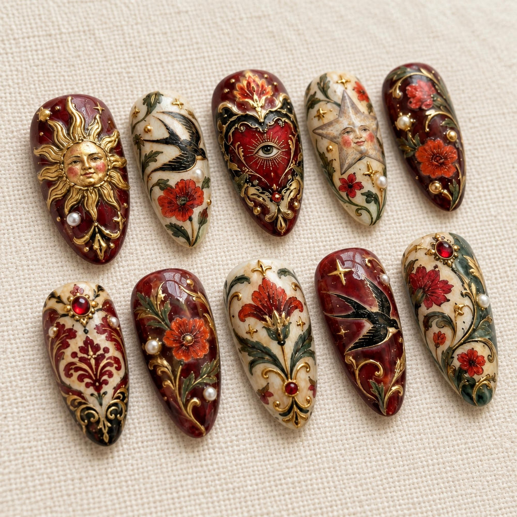 Handmade Sacred Heart Press On Nails | Vintage Celestial Art | Baroque Burgundy Almond Nails | Swallow Floral Nail | Sun Star Pearl Nail