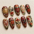 Handmade Sacred Heart Press On Nails | Vintage Celestial Art | Baroque Burgundy Almond Nails | Swallow Floral Nail | Sun Star Pearl Nail