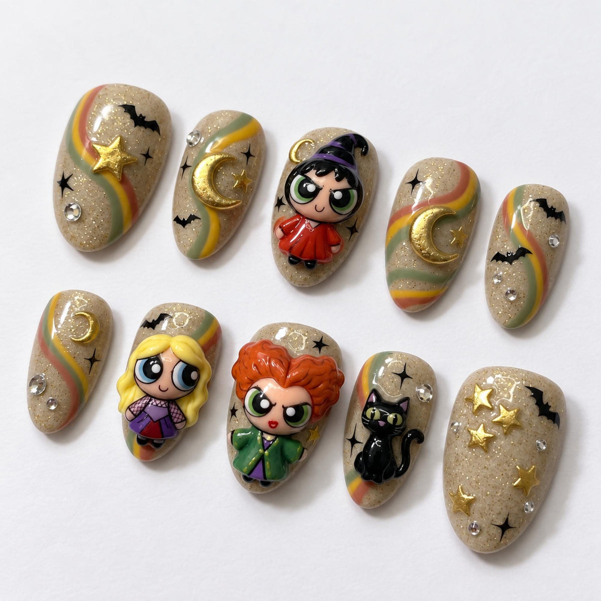 Handmade Powerpuff Girls Halloween Press On Nails | Cute Witchy Cartoon Theme | 3D Character Short Nails | Moon Bat Cat & Star Nail Art