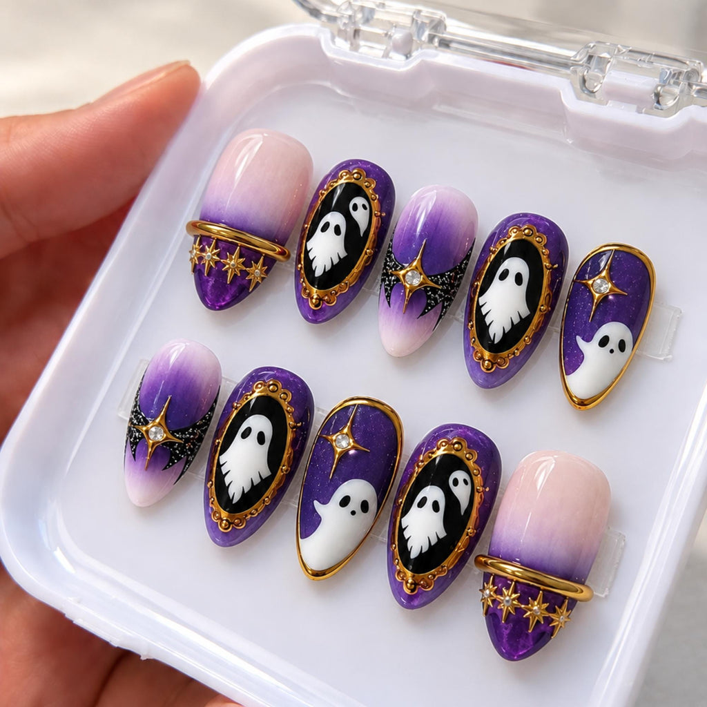 Halloween Ghost Press On Nails, Purple Ombre Nails, Gothic Gold Nail Art