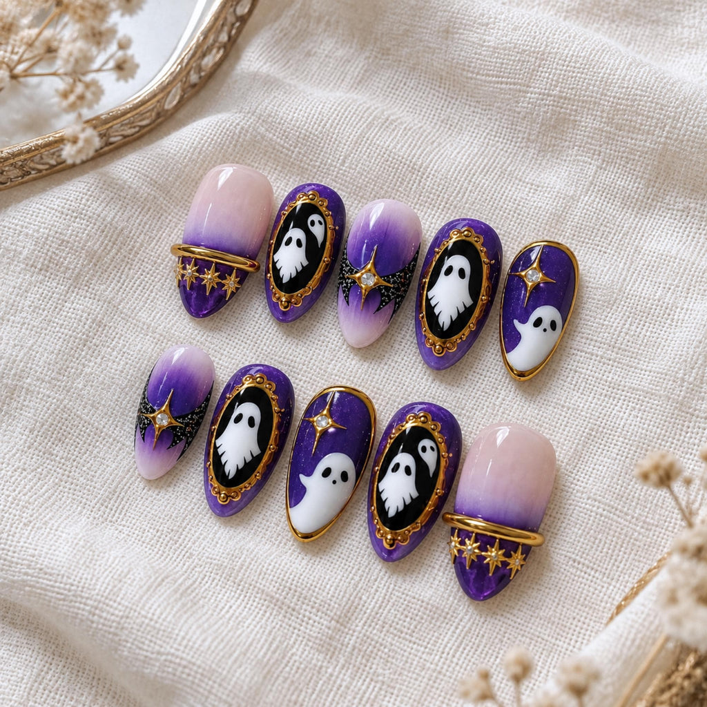 Halloween Ghost Press On Nails, Purple Ombre Nails, Gothic Gold Nail Art